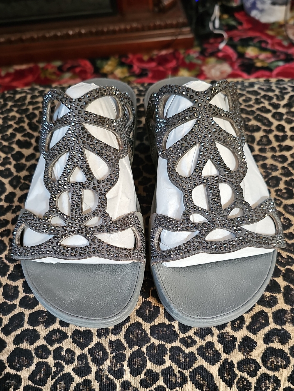 FitFlop Black Jeweled Cutout Slide Sandals